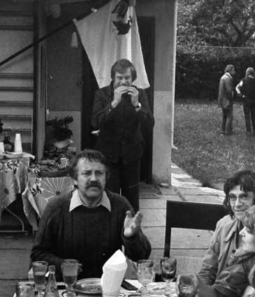 1978 – Pavel Kohout celebrating his fiftieth birthday with Václav Havel and other friends in the Sázava house, under the supervision of State Security; the climax of the party was having the house searched.